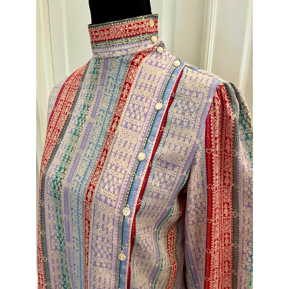 Vintage late-1980s - 1990s Nicola Asymmetrical High-Collar Tribal Print Blouse.